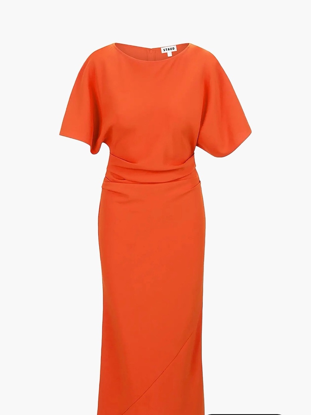 STAUD Vibrant Orange Draped-Waist Maxi Dress